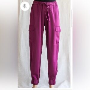 JODIFL magenta satin cargo joggers drawstring  elastic waist side pockets
